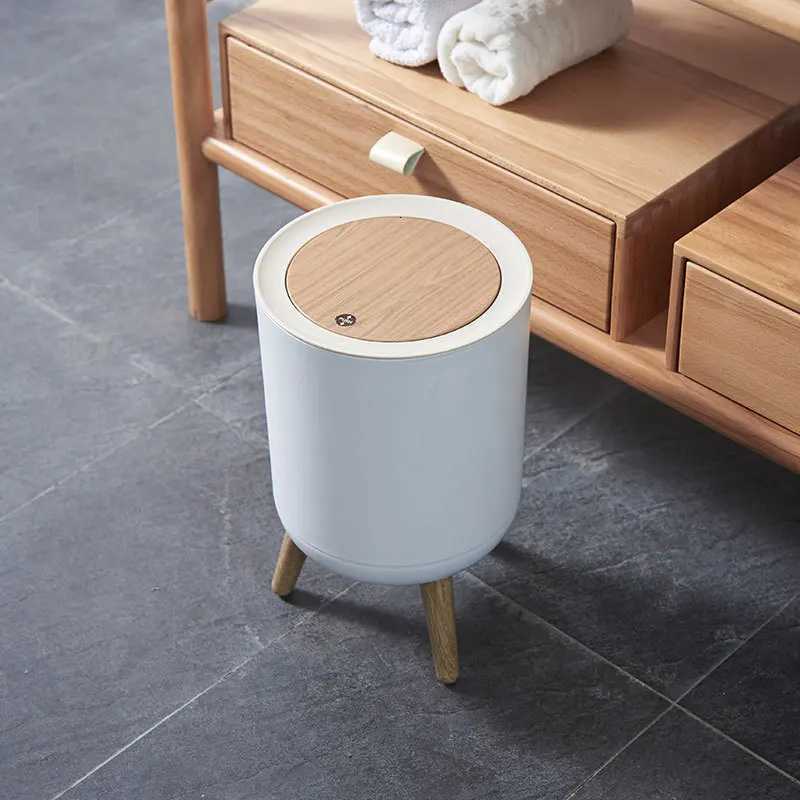 Household Creative Press-Type Living Room Toilet Bathroom High-Leg Imitation Wood Grain Trash Can with Lid C251120
