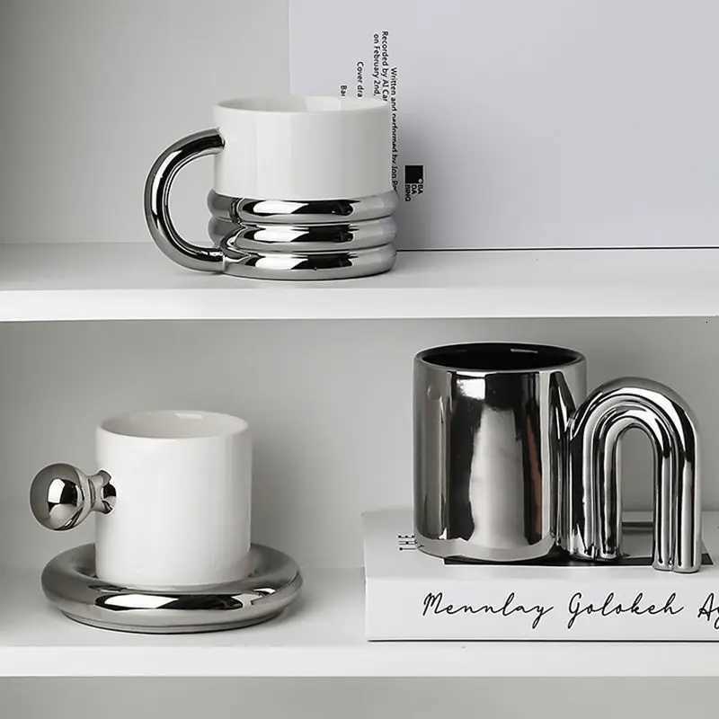 New INS Electroplated Silver Coffee Mugs With Saucer Tea Cup Water Drinking Cups Dessert Dish Breakfast Milk Mug With Tray T260428