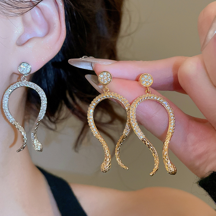 14k Real Gold Plated Zircon Snake Light Luxury High-end European and American Cross-border Exaggerated Retro Earrings for Women - view 4