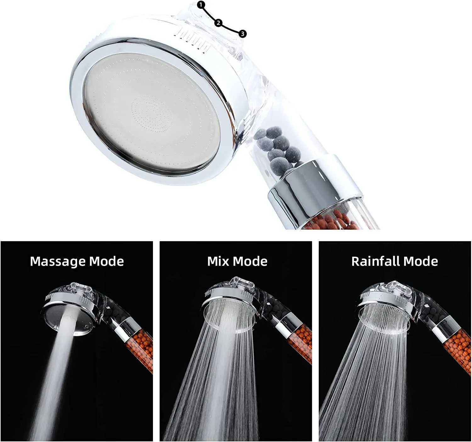 Zloog Bio-active Stones Bathroom Showerhead Mineral Balls Filter Shower High Pressure Sprinkle Handheld 3 Modes SPA Shower HeadM251120