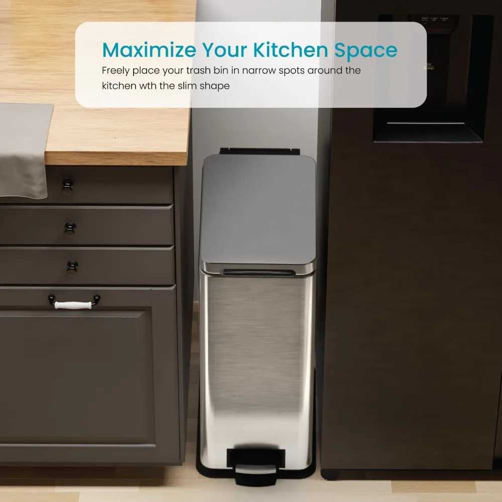 8 Gallon Slim Kitchen Trash Can with Soft Close Lid Step Pedal Bag Tuck Band and Removable Liner StainlSteel Silver C251120