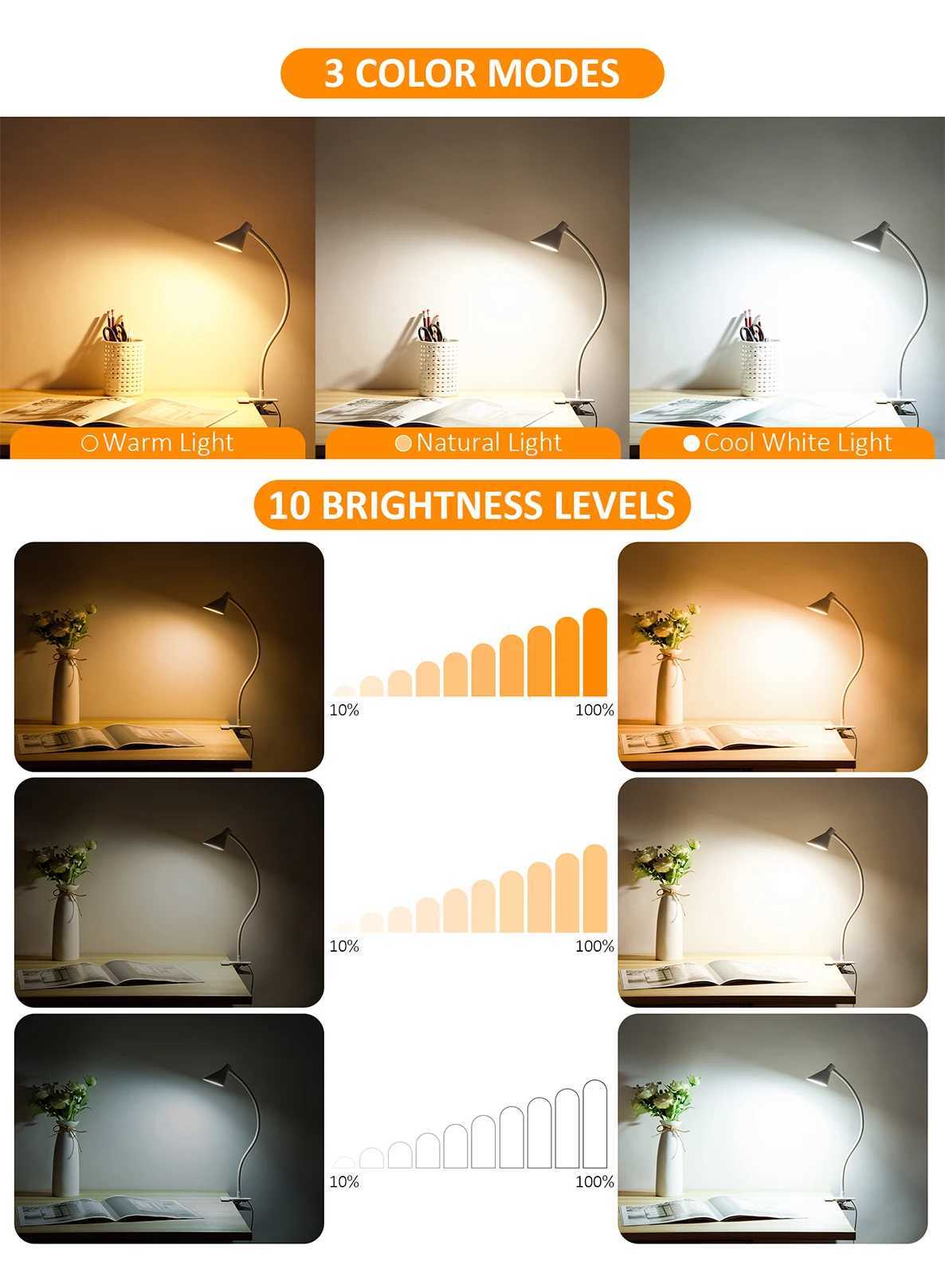 Reading Light USB Clamp Lamp for ChildReading Book in Bed at Night LED Small DeskLamp with Adjustable Gooseneck Clip M251120