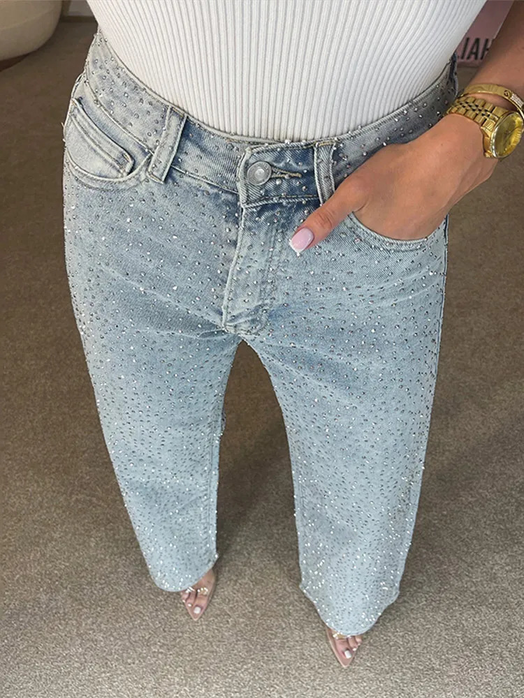 Y2k womens shiny rhinestone denim pants wide leg straight full diamond jeans suitable for women to drag high street jacket 250420