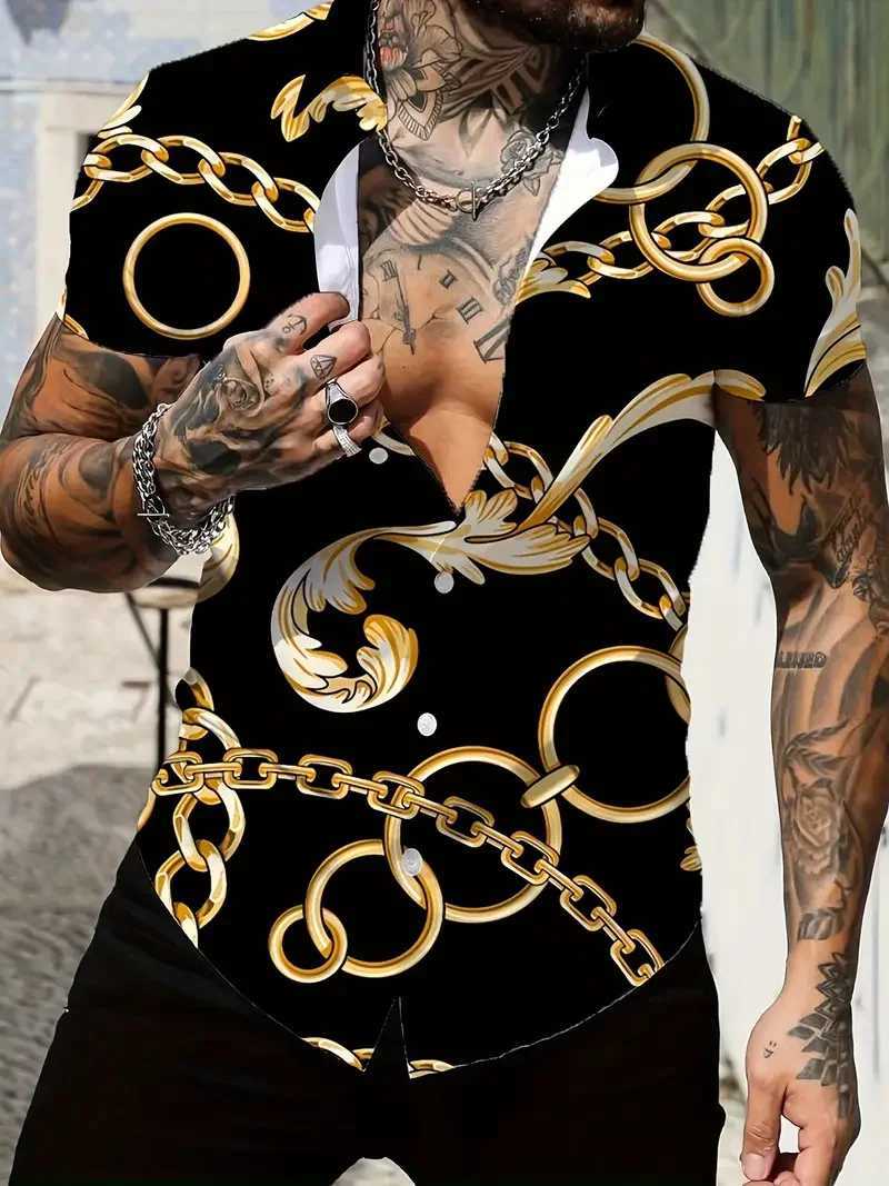 Retro mens short sleeved shirt with luxurious gold Baroque chain pattern suitable for summer banquet street wearM251120