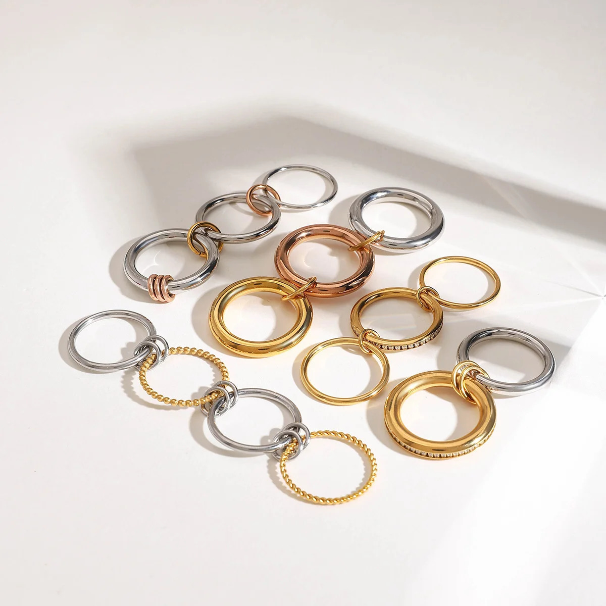 Punk Gold silver Mix Color Stackable Rings Non Tarnish 18k Gold Plated Multi -link Connected CZ Zircon Ring Set Dainty Jewelry 250417