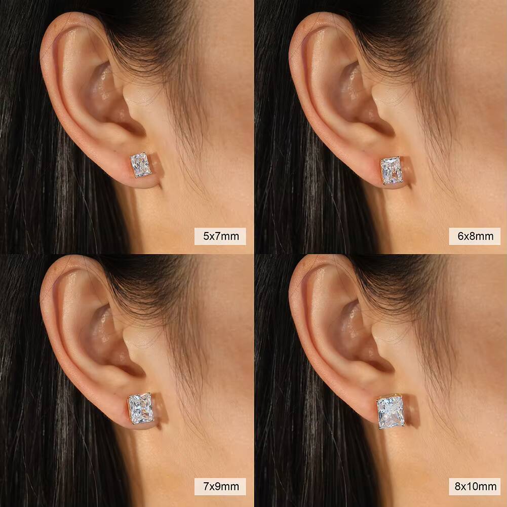 BSMOE06 RINNTIN Emerald Radiant Cut Moissanite Earrings 925 Sterling Silver 14k Gold Plated Moissanite Earrings for Women Men