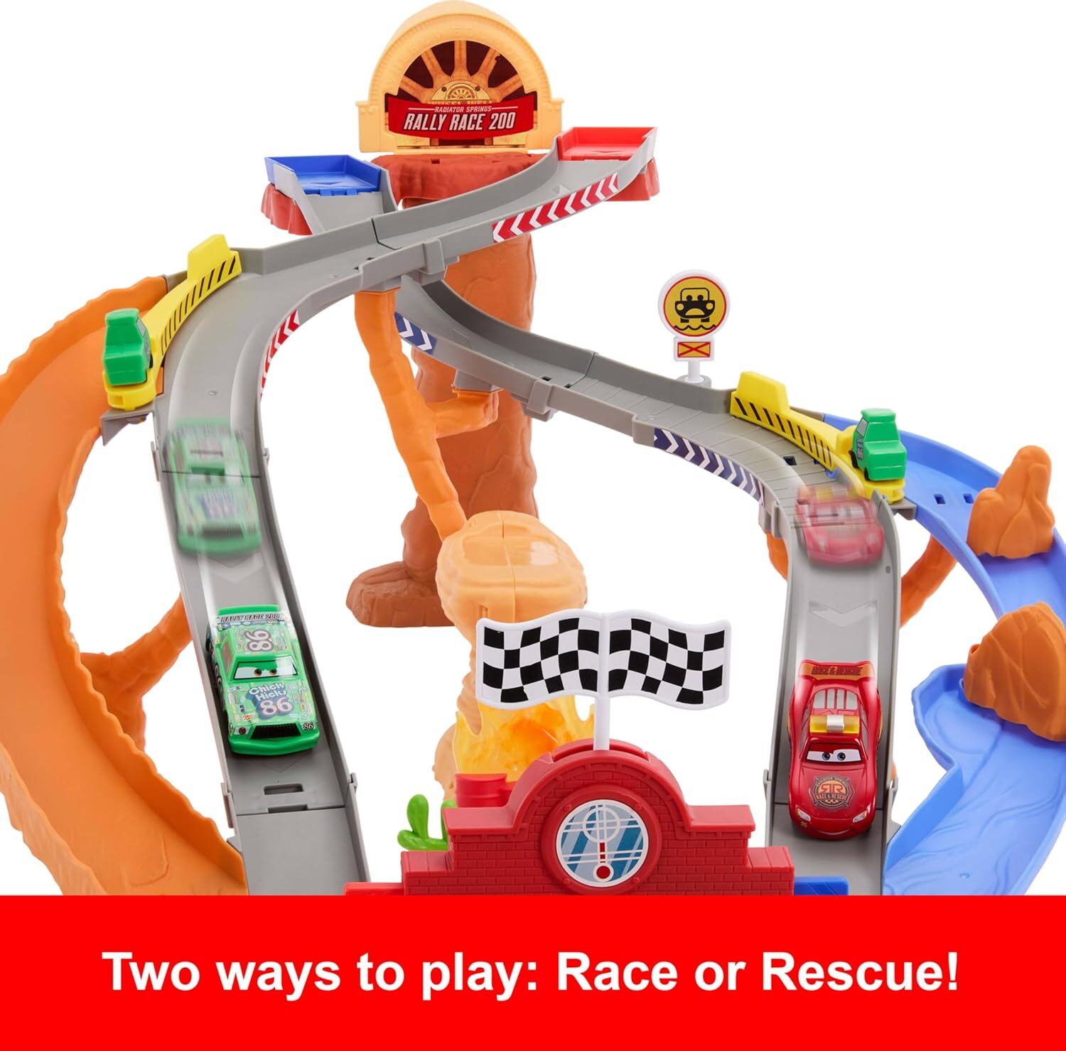 custom Mattel Disney and Pixar Cars Toy Playset, Lightning McQueen Chicks Hicks Pitty Crew Vehicles, 2 Ways to Race, Race & Rescue Road Raceway