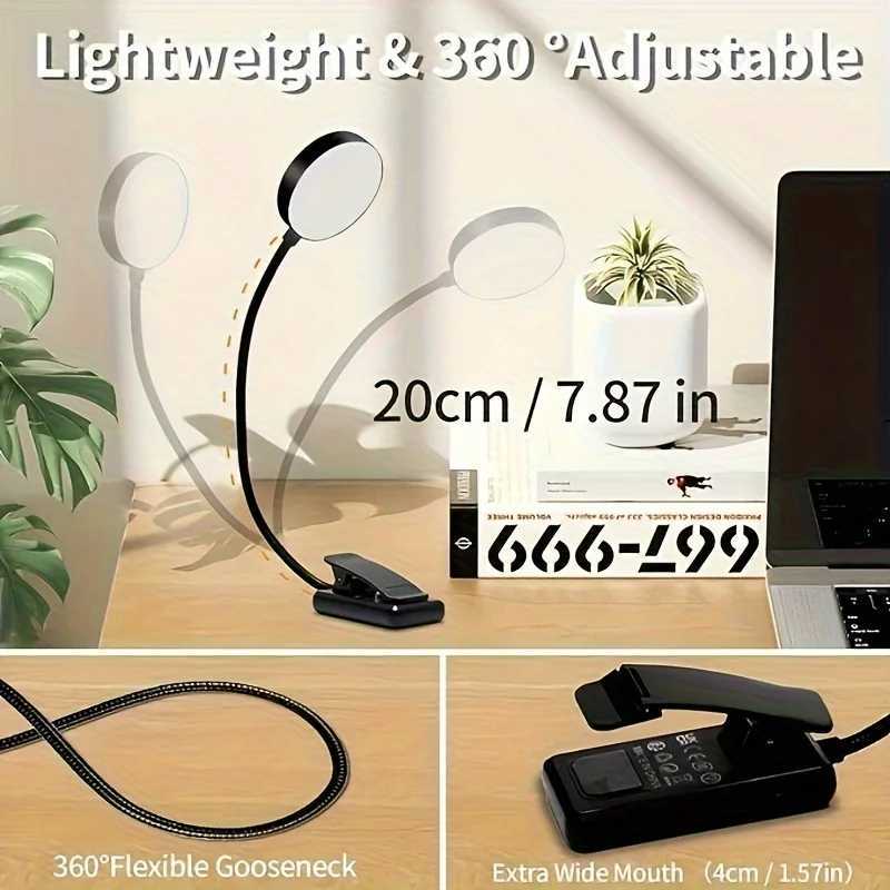 1 Reading Lamp Led Reading Lamp with 3 Adjustable Brightness Levels USB Rechargeable Portable Bed Reading Clip-On Lamp M251120