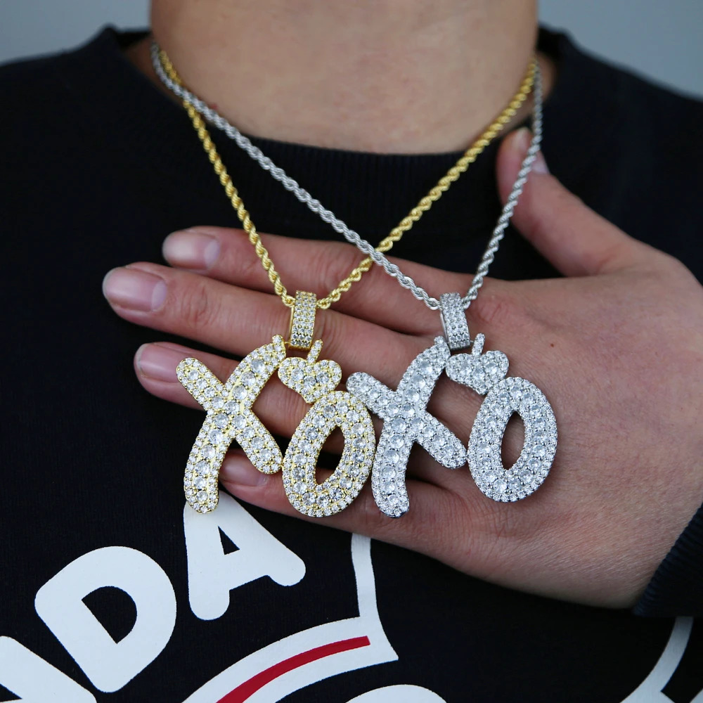 Iced Out Bling Letter XO Pendant Necklace Gold Silver Tennis Chain Zircon Heart Charm Mens Hip Hop Jewelry 250420