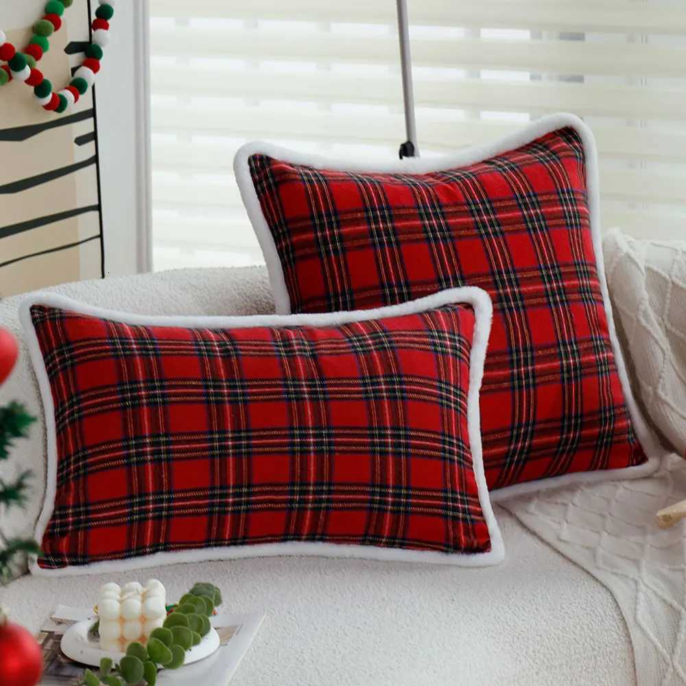 Pillow Case Christmas Red Plaid Decorative Cushion Cover White Plush Edge case for Living Room Sofa Bedroom Soft Cover Xmas C251120
