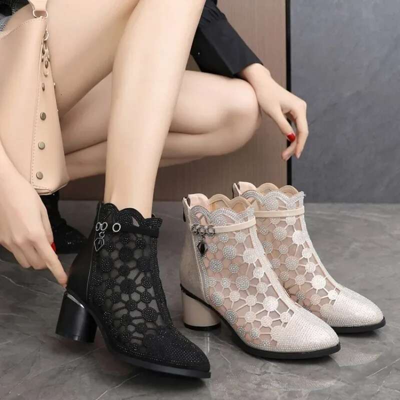 Women's Airy Mesh Breathable with Western Denim Mid Sleeves Square Toe Thick Heel Versatile Short Boots