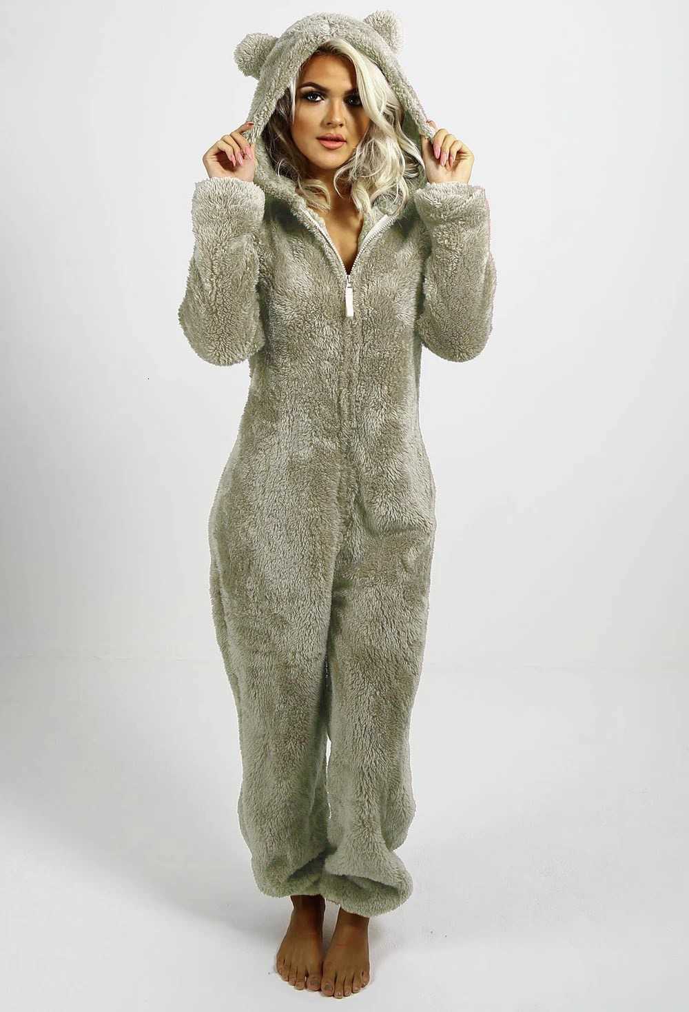 Winter Warm Sleepwear Home Clothes Cute Cat Ear Onesies Pyjamas Fluffy Fleece Hooded Jumpsuit Playsuit Pajama For Women Overalls Y250906