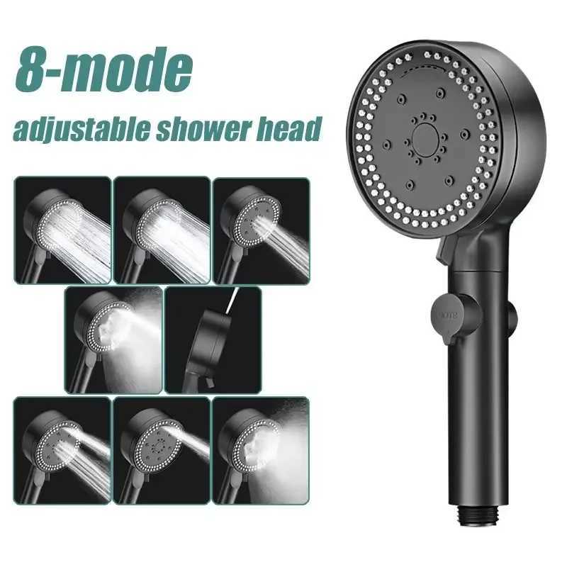 8 Modes High-Pressure Shower Head Fall Resistance Black Handheld Showerhead Water Saving Bathroom Shower Accessories Tool PartsM251120