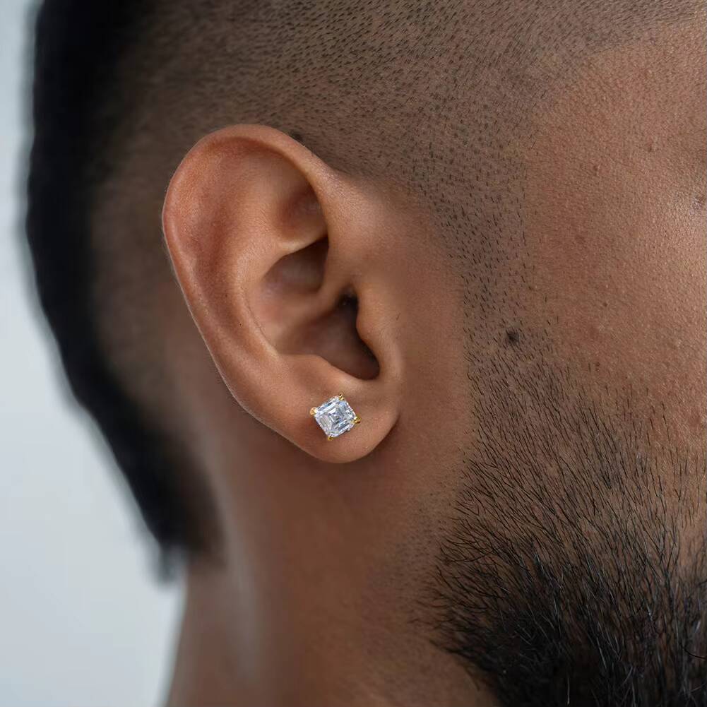 BSMOE05 RINNTIN Gold Moissanite Earring 925 Sterling Silver 1CT-4CT D Color VVS square Moissanite Jewelry Earrings for Women Men