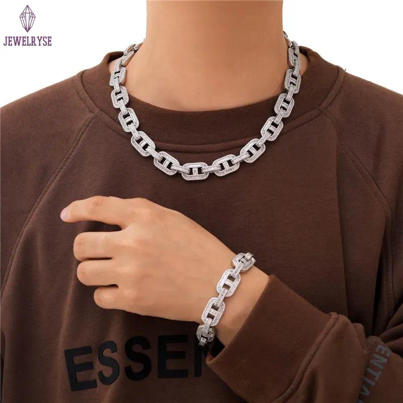 Men Women Fashion Jewelry 15mm 16-24inch Gold Plated Bling CZ Coffee Bean Cuban Chain Necklace Bracelet Hip Hop Trendy