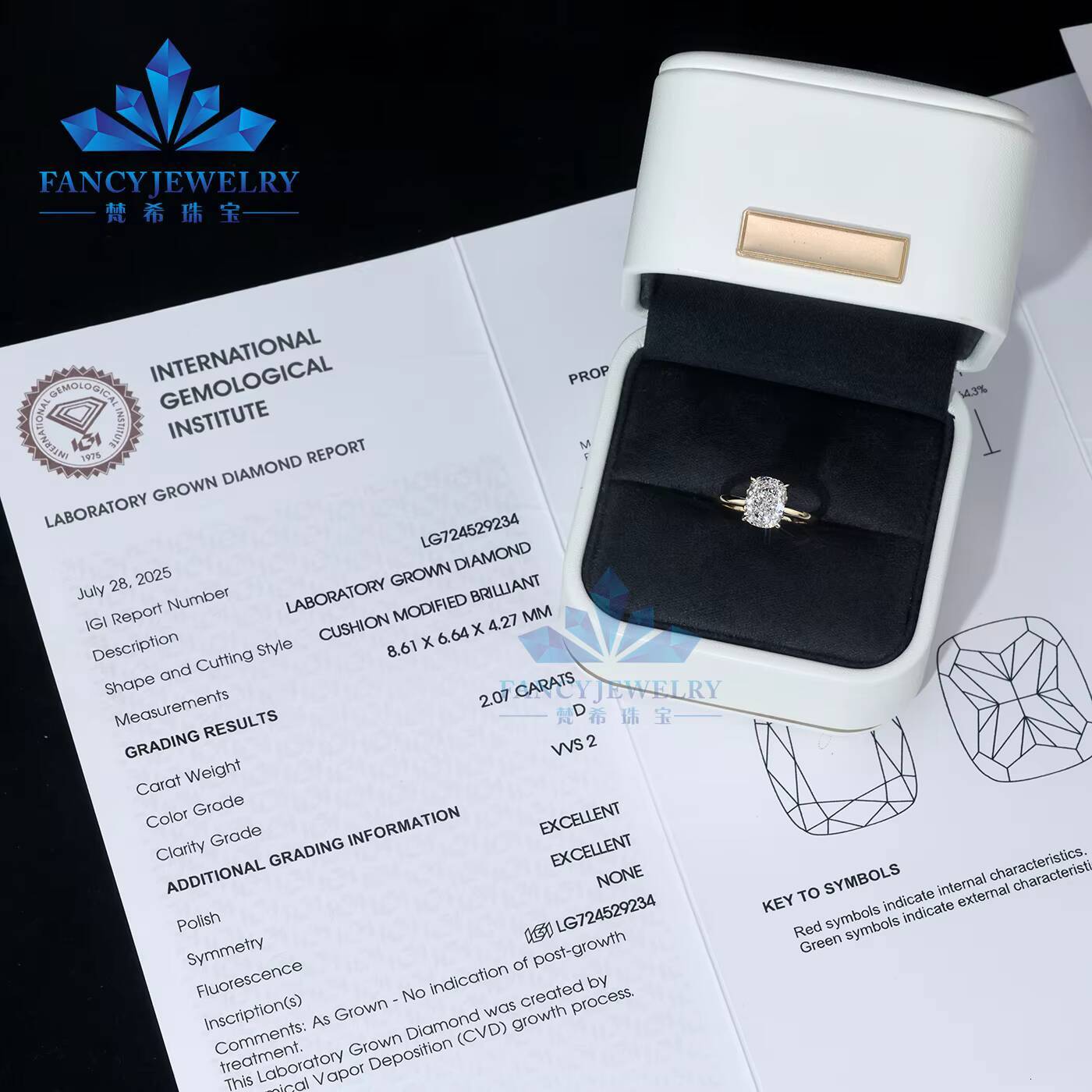 10K 14K 18K Yellow Gold 1CT 2CT 3CT 4CT 5CT IGI Cvd Hpht Cushion Shape Lab Grown Diamond Women Engagement Wedding Ring