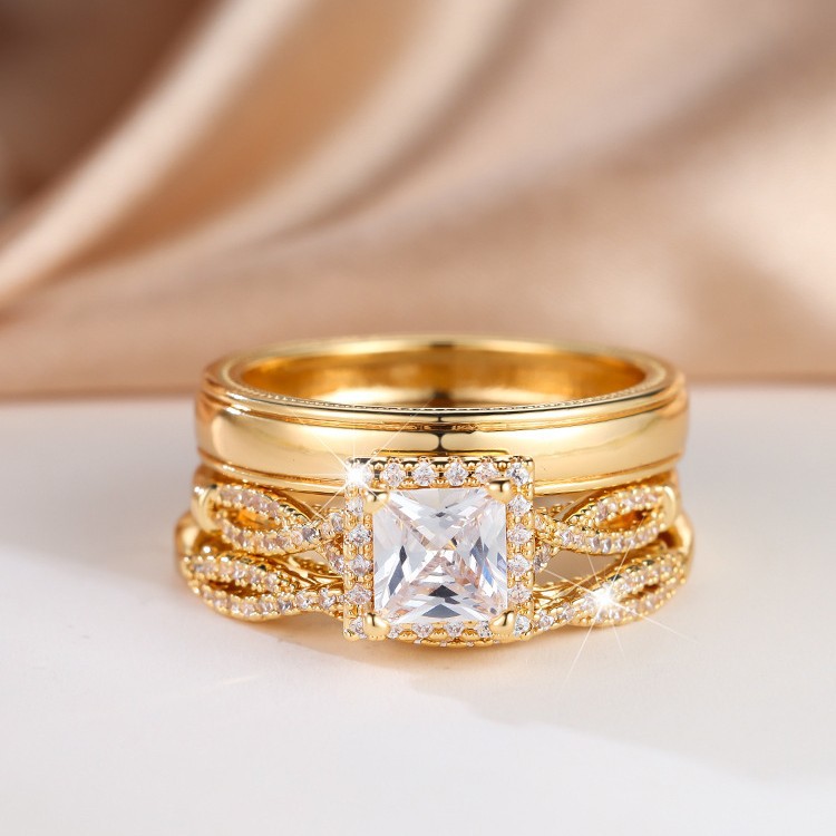 Rose gold 3-piece ring set with diamonds, cubic zirconias and full diamonds Men women couple rings High quality gold designer diamond ring engagement  - view 6