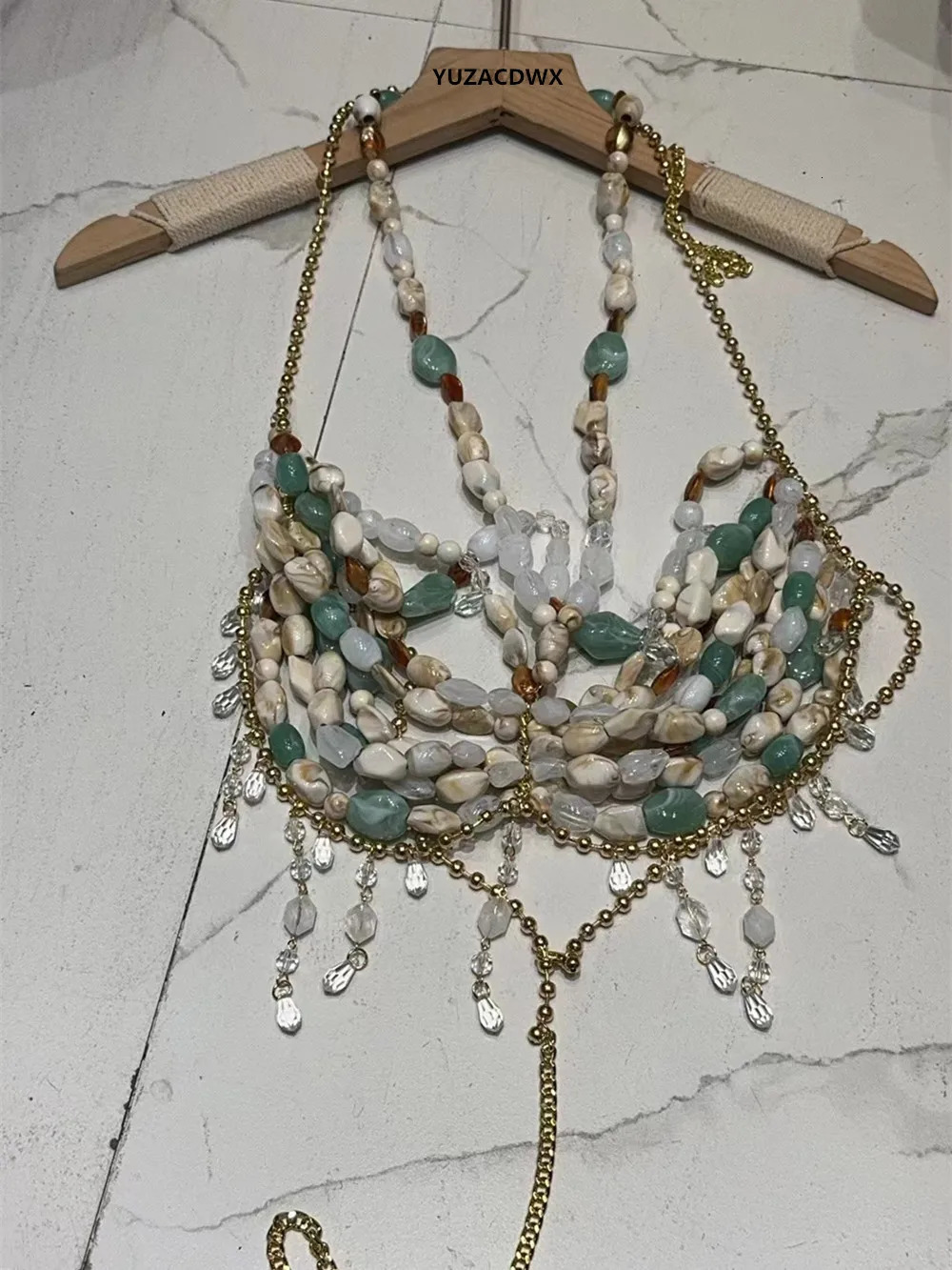 Sexy See Through Women Handmade Tank Top Nature Color Stone Bead Body Chain Multi Bikini Bra Backless Top Beachwear y2k clothes 250415