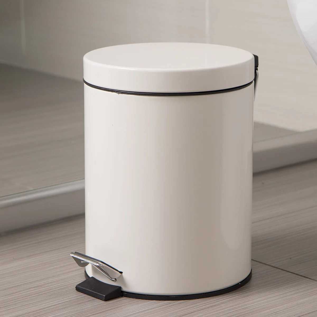 1 Pc 5L White Round Lidded Trash Can Foot Pedal Garbage Bin with Removable Liner Bucket for Kitchen Bathroom Hotel C251120