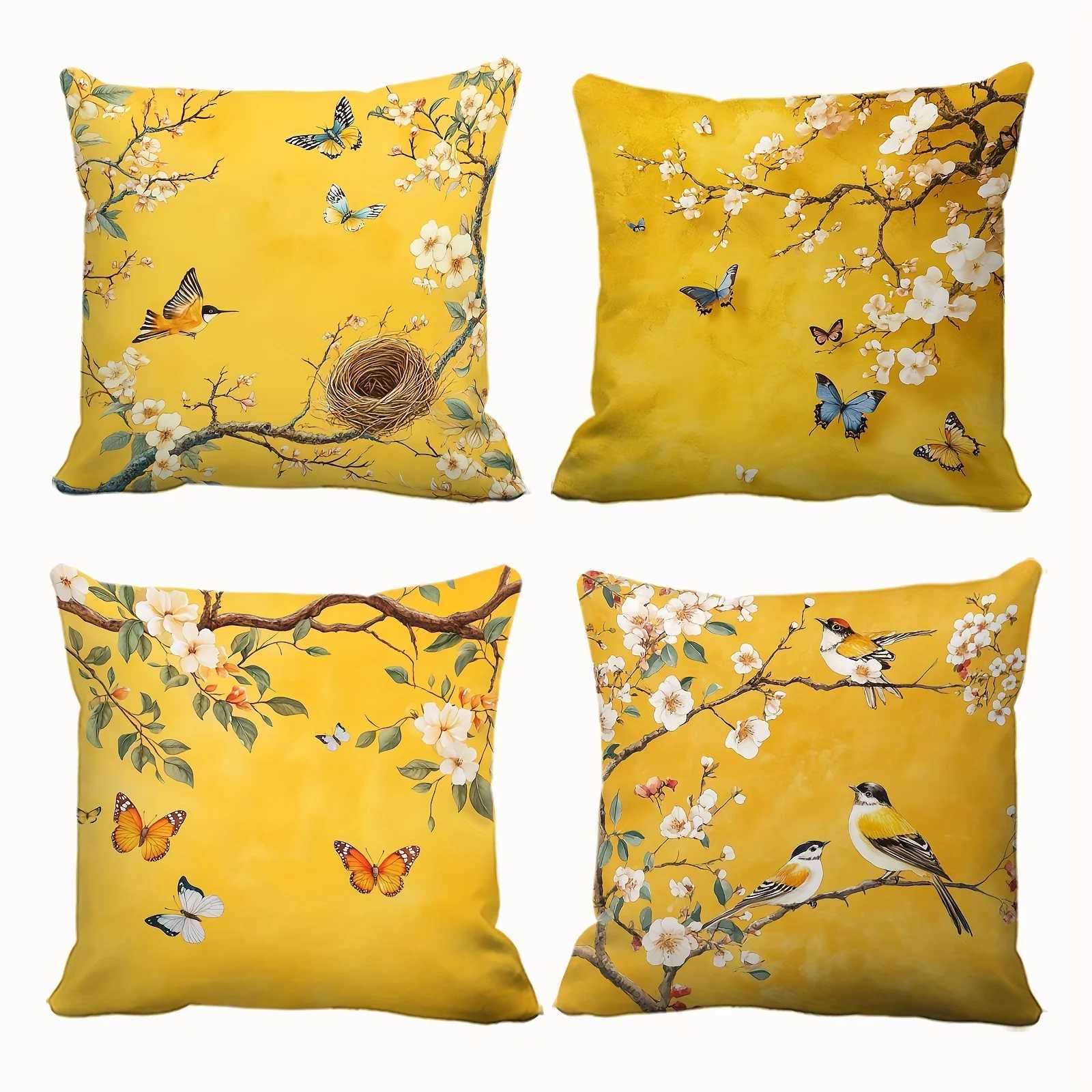 Pillow Case 4Pcs Spring Blossom Covers - Elegant Peach Flower Butterfly Design for Living Room/Bedroom Decor C251120