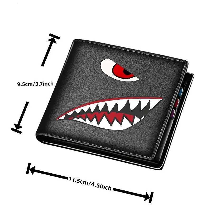 Mens Black Faux Leather Wallet with Shark Mouth Design Slim Credit Card Holder Coin Purse Multi-Color Pen Storage Perfect GiftW251120