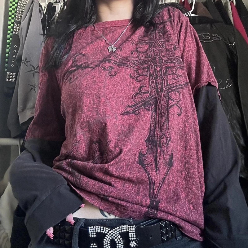 Y2K Grunge Emo Retro Tshirt 2000s Cross Network Gothic Patch Work Long Sleeve Egirl Harajuku Loose Top Women 250410