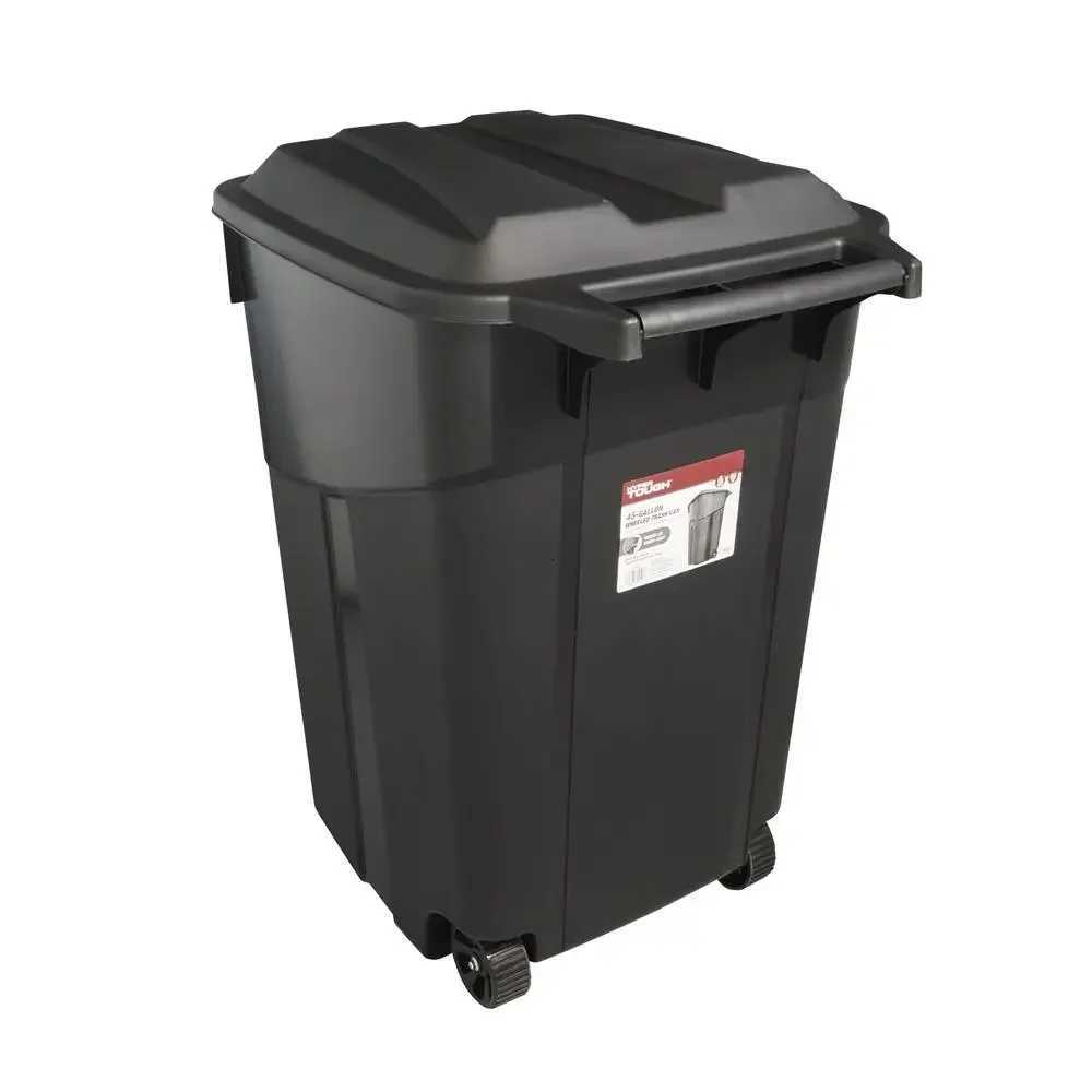 Durable 45 Gallon Plastic Garbage Can with Attached Lid and Wheels Black 2 Pack C251120