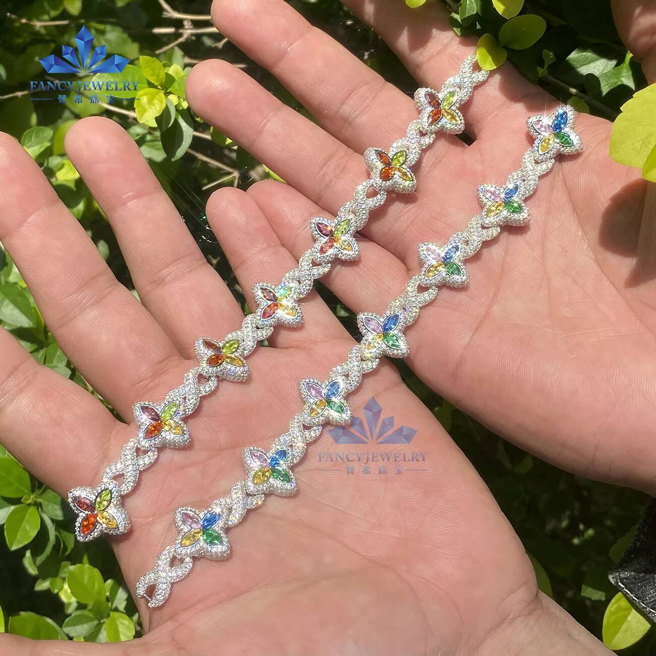 Rhodium Plated 925 Silver Moissanite Clover Bracelet Bangle 8mm Width Colored Marquise Cut CZ Stone Four Leaf Clover Bracelet