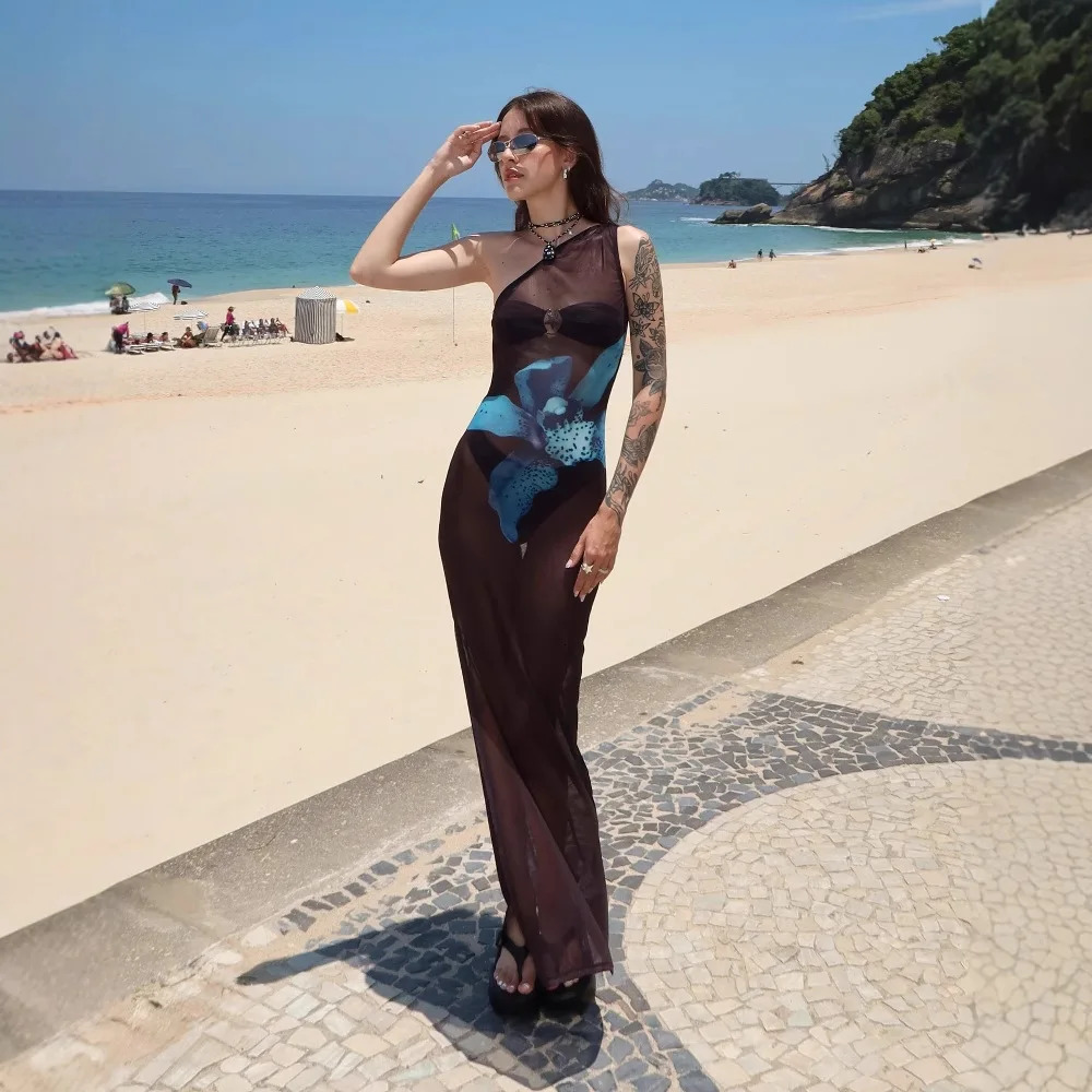 Womens Clothing Summer Slim One Shoulder Sleeveless Printed Perspective Contrast Color Dress Elegant Party 250420