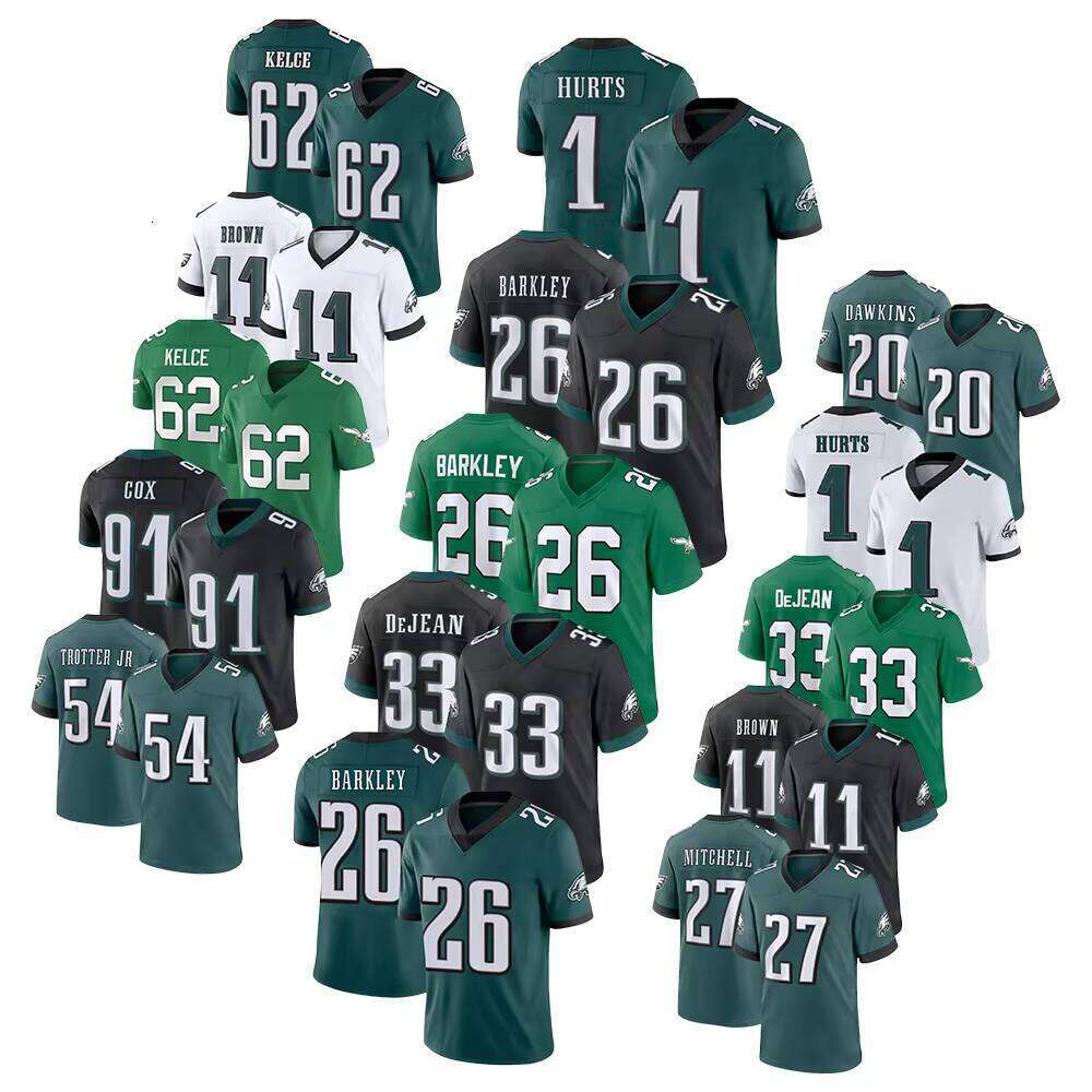 Men's 1 Jalen Hurts PHI Team 26 Saquon Barkley 33 Cooper DeJean 62 Kelce Stitched American Football Game Limited Jersey Shirts Top Quality
