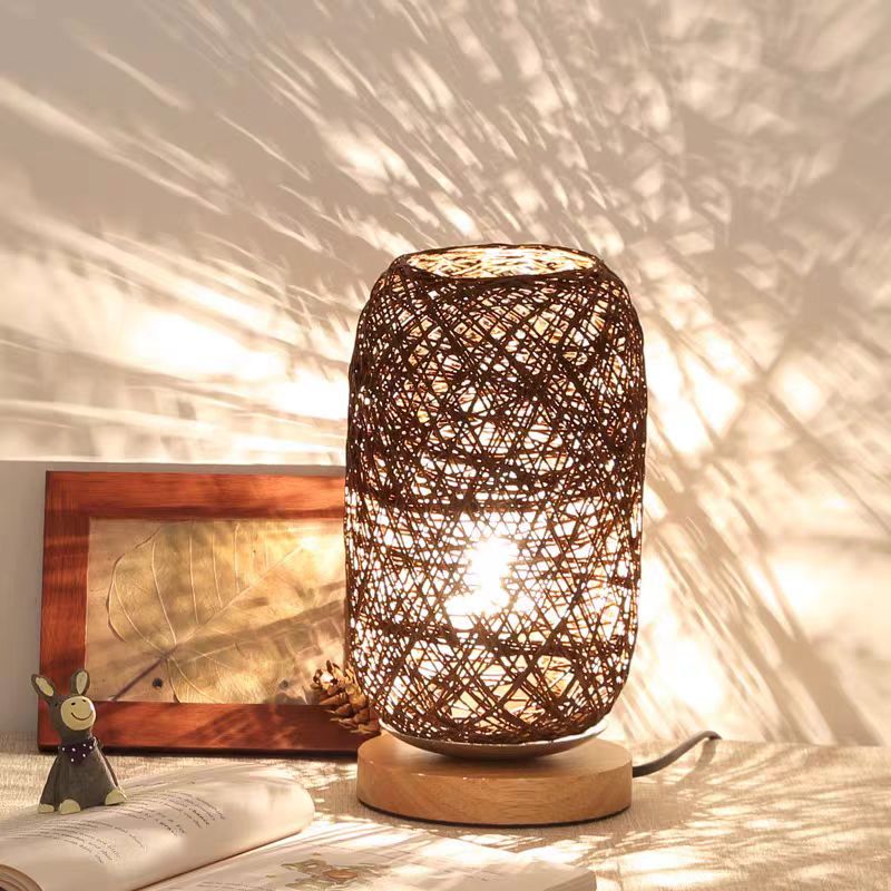Artisanal Nordic Wooden Lamp with Rattan Twine Design - Charming Bedside Lighting Solution