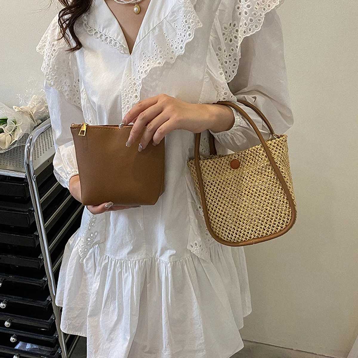Woven Beach Bag for Women Boho Crochet Crossbody Purse with Detachable Chain Strap - Summer Lightweight Tote bagT251121