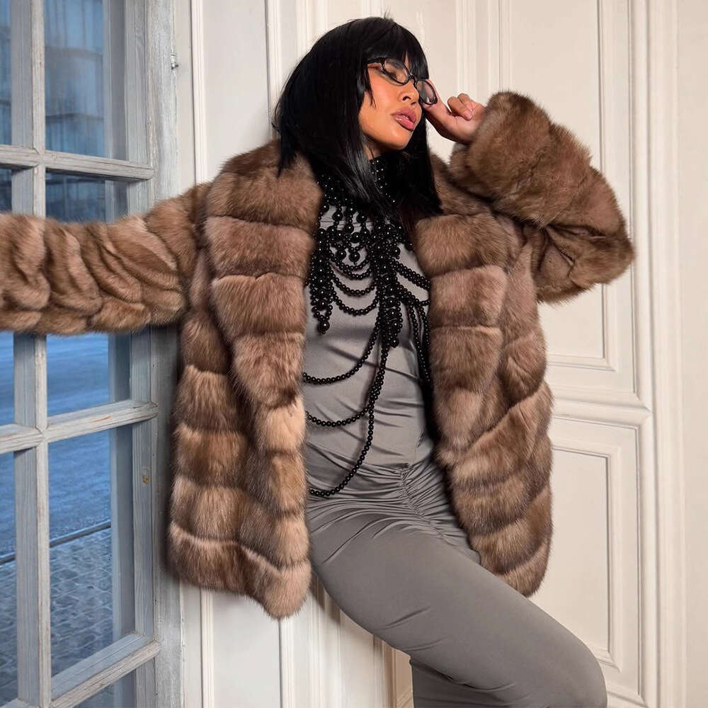 S HighEnd Patchwork Lapel Real Elegant Long Fur Coat CrossBorder European and American Style Autumn Winter New Collection