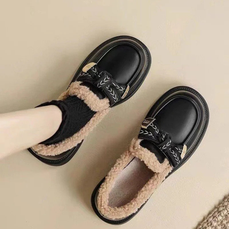 Womens Winter Loafers Fur Lined Slip On Chunky Flat Shoes British Style Casual SlipOn Flats 251121