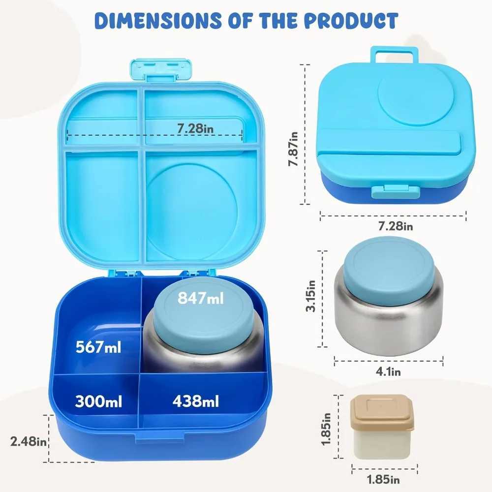 Kids Bento Lunch Box with 12oz Soup Thermos 4 Compartments Leak-Proof Container Set with Spoon Sauce JarM251121