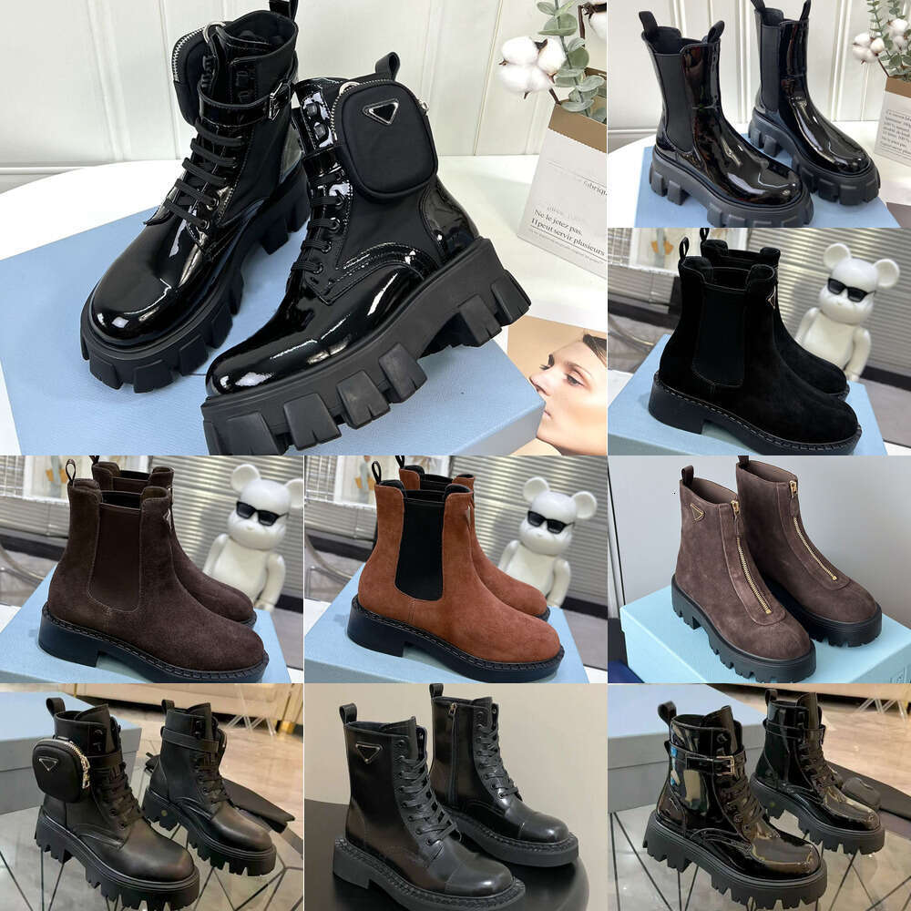 Luxury boot designer womens triangle round-toe latform thick-soled pocket booties cowhide patchwork Patent Leather Nylon Suede anti-slip ankle Moto boots shoes