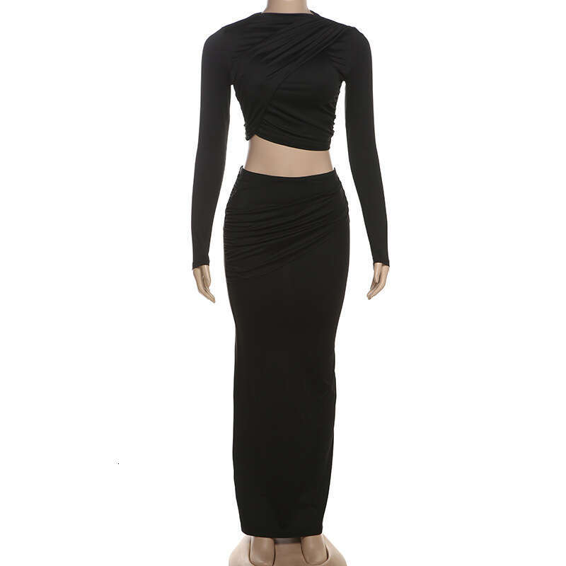 hoodie Women's Wear Autumn And Winter Women's Clothing New Product Collage Pleated Sleeved Top Solid Color Versatile Temperament Long Skirt 