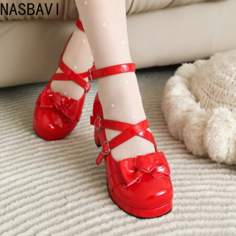 NASBAVI Sweet Cross Buckles Lolita Pumps for Ladies Block High Heels Platform Wedding Party Mary Janes Shoes Women Pink Red 251121