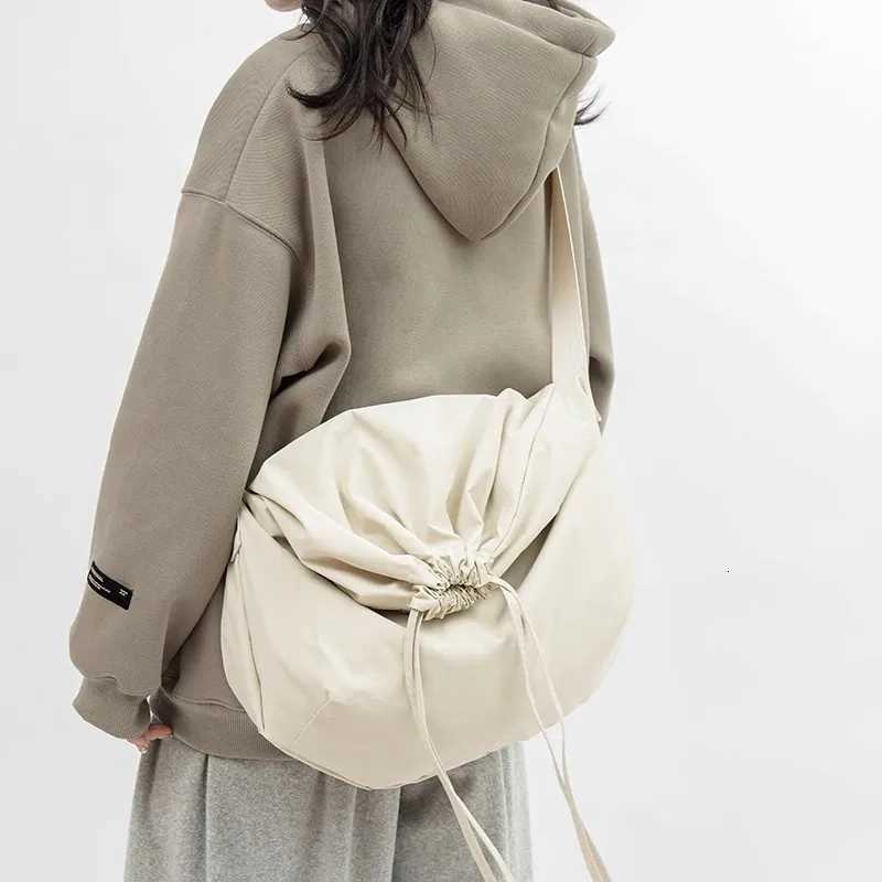 Solid color single shoulder diagonal collapsible bag net red simple wind Tote handbag Japanese leisure drawstring shoulder bagT251121