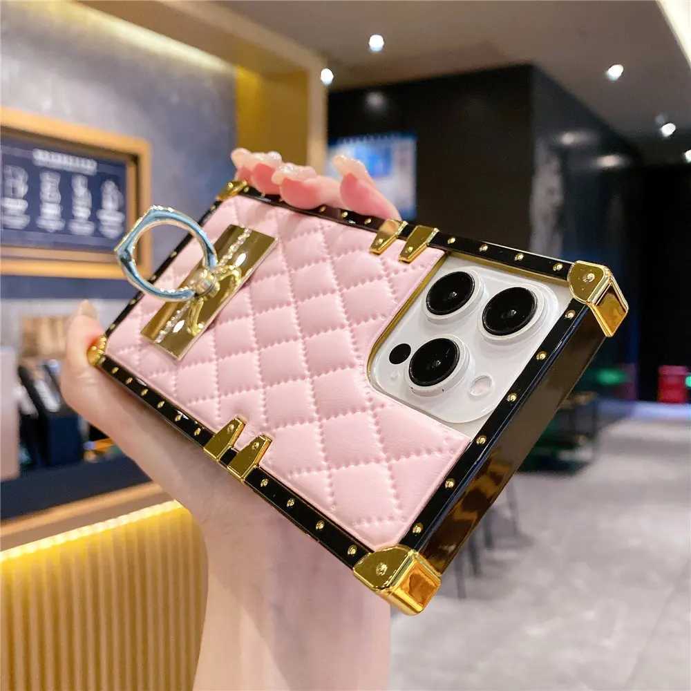 Fashion Rhombic Gold Plating Leather luxury Phone Case For iPhone 16 15 Pro Max 14 Plus 13 12 11 XR Ring Holder CoverW251121