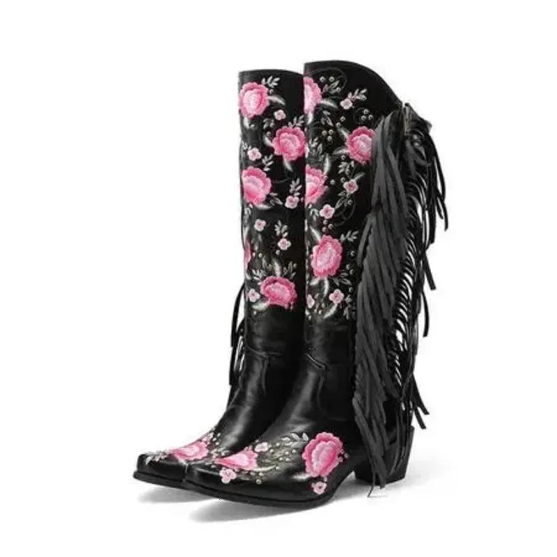Cowboy Boots for Women Fringe Embroidery Flower Sweet Western Cowgirls Roman Block High Heeled Shoes Autumn 251121