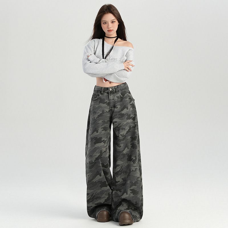 2025 Autumn/Winter new camouflage versatile high-waisted wide-leg straight-leg fleece casual jeans---DK8020
