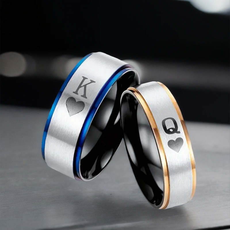 New King Queen Titanium Steel Personalized Spades K Q Two tone Couple Ring Jewelry