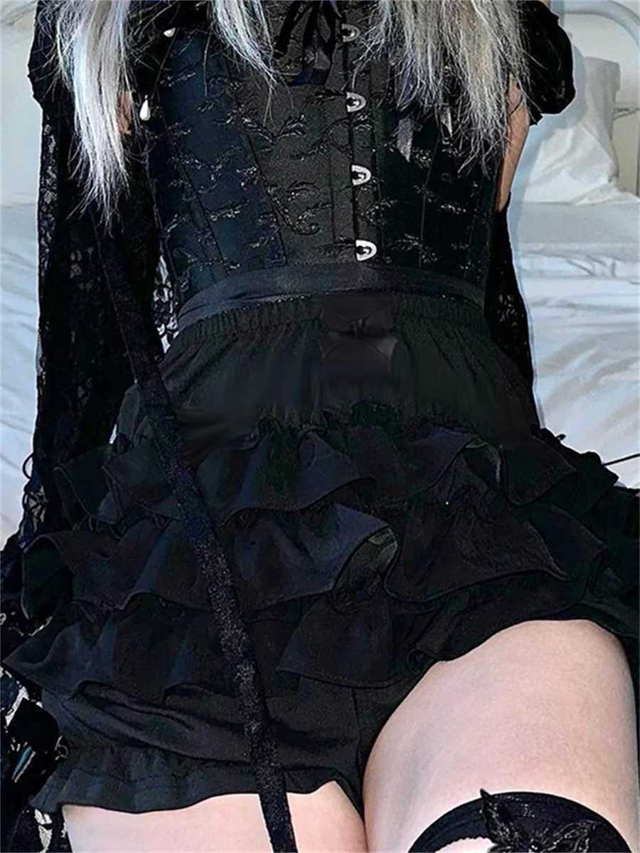 WSEVYPO Gothic Black Brumer Shorts Womens Summer Elastic Waist Ruffle Layered Shorts Harajuku Street Clothing High Waist Bottom M250421