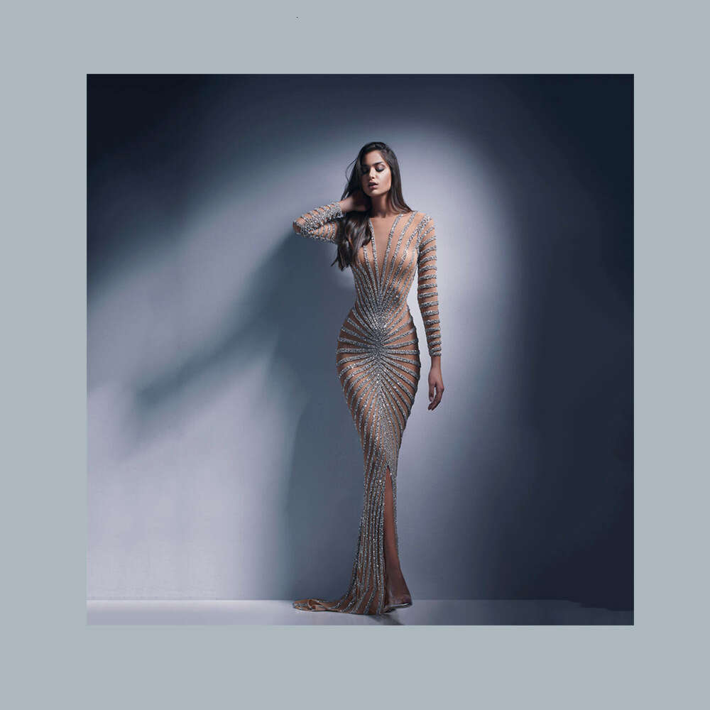 Spring New European And American Fashion Rhinestone Women's Mesh See-Through Sleeve Slit Long Dress