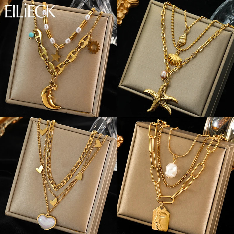 EILIECK 316L stainless steel moon starfish heartshaped portrait pendant necklace for womens fashion multilayer chain jewelry gift 250420