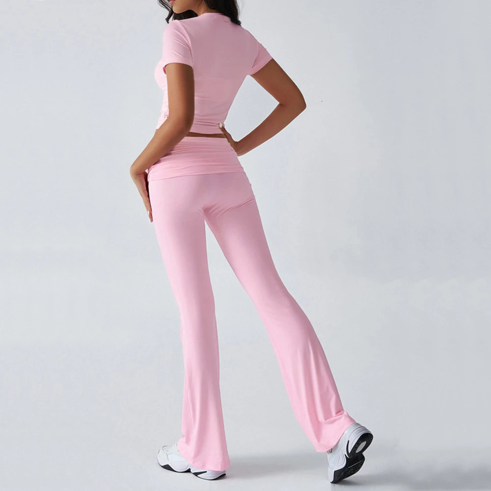 Foldable 2PCS Yoga Set Women Short Sleeve Crop Top Slim Fit High Waist Flare Leggings Fitness Suit Workout Gym Running Tracksuit 251114
