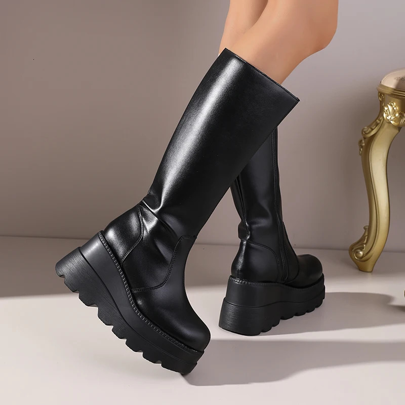 Womens Fashion Platform MidCalf Boots Minimalist Versatile style HeightIncreasing Side Zipper Ankle 251121