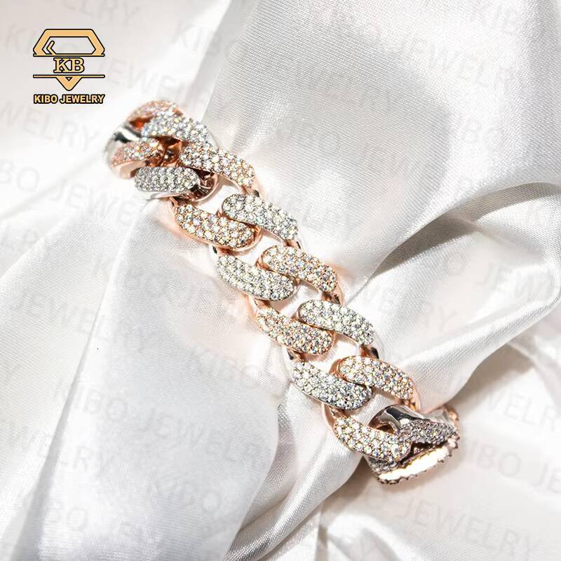 Custom New Design Miami Two-color Fashion Bracelets Iced Out 925 Sterling Silver 14mm Rapper Moissanite Fine Bracelets for Men
