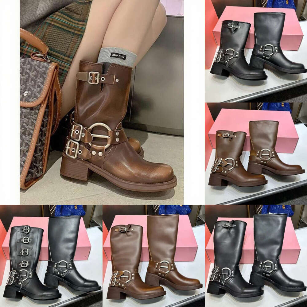Autumn winter square toe calfskin leather Knight Boots luxury Designer womens Short High with Metal Buckle Vintage Style Winter Thick Heeled Anti Slip moto boot shoe